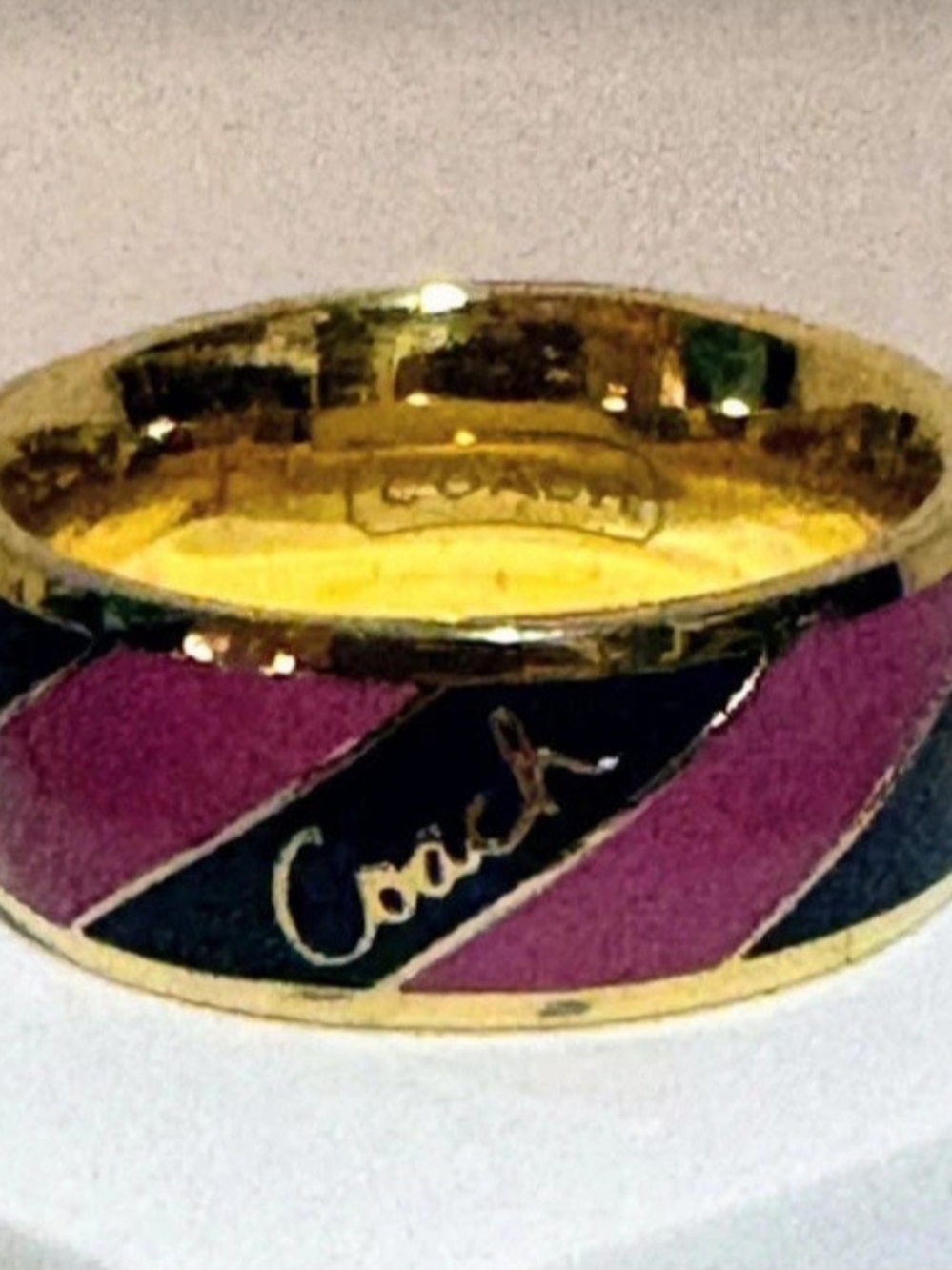 Womens Coach Gold-Tone Ring with Pink and Black Enamel Diagonals